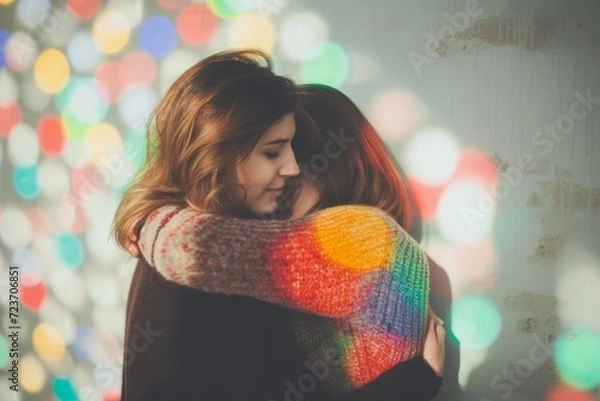 Fototapeta photo of two girls hugging each other under the shimmering disco ball light