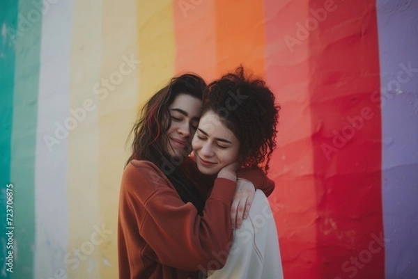 Fototapeta close-up photo of two girls hugging each other next to painted wall
