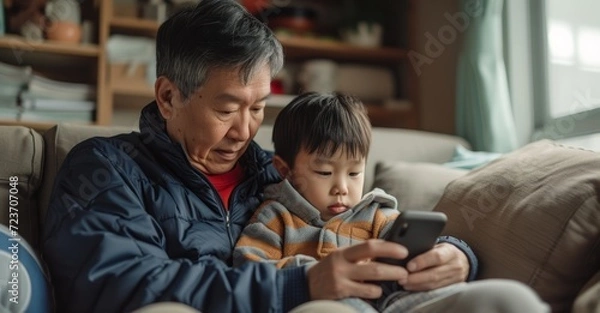 Obraz grandparent and child resting on the sofa and playing with mobile phone