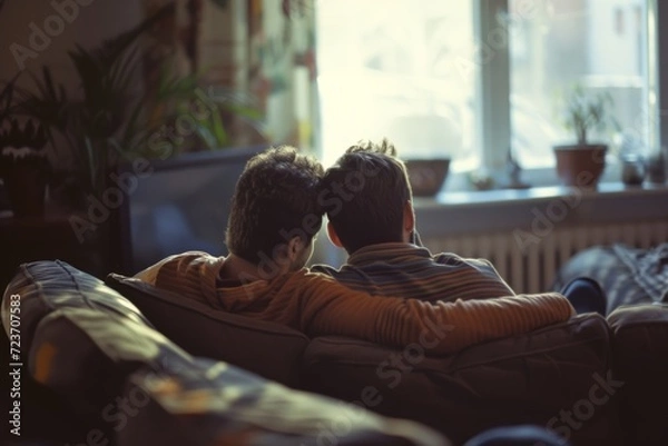 Fototapeta gay couple sitting and talking on sofa and looking at window on a sunny day