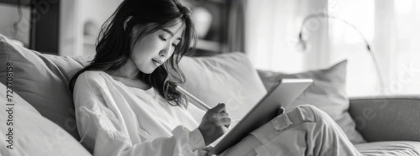 Fototapeta black and white portrait of a woman studying in a room 