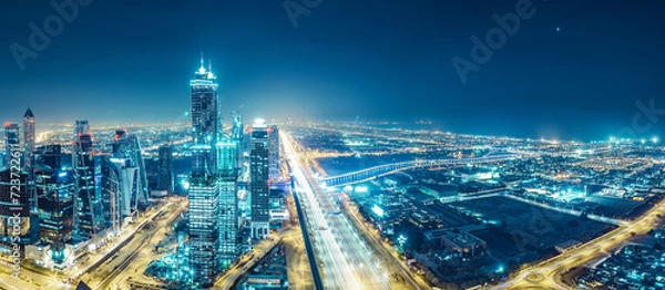 Fototapeta Spectacular urban skyline with colourful city illuminations. Aerial view on highways and skyscrapers of Dubai, United Arab Emirates.