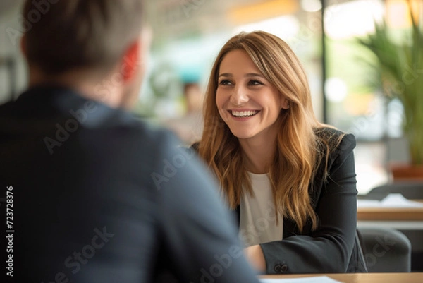 Fototapeta Happy businesswoman interviewing a well-prepared job candidate in a cozy office environment. The job interview process - from expectation to excitement, captured in high-definition