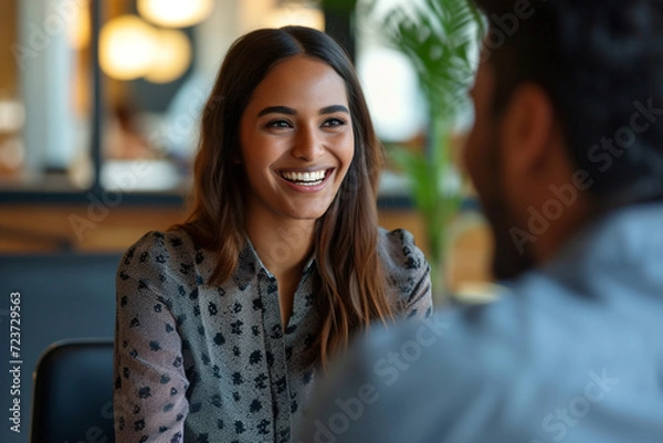 Fototapeta Happy businesswoman interviewing a well-prepared job candidate in a cozy office environment. The job interview process - from expectation to excitement, captured in high-definition