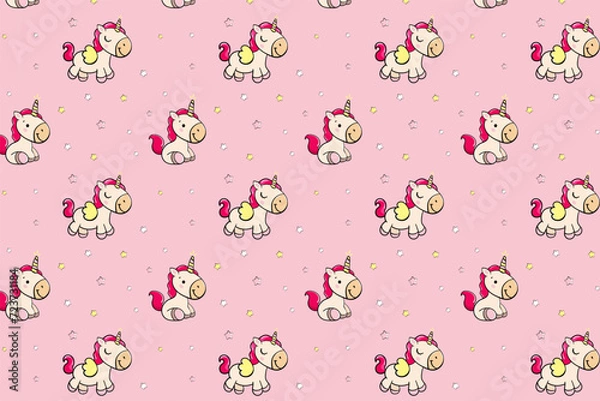 Fototapeta cute happy unicorn on pink isolated background for girls with stars seamless endless pattern vector illustration.