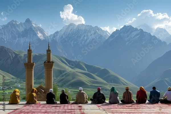 Fototapeta background is a breathtaking view of snow-capped mountains under a clear sky with soft clouds