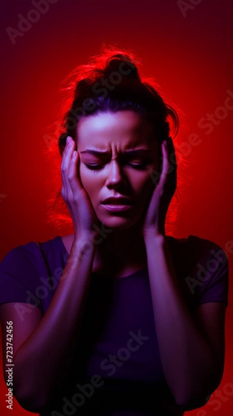 Fototapeta Woman with of pain, hands pressed to her temples, is depicted against background of intense red light, conveying the agony of severe headache or migraine. Struggling with stress. Neurological diseases