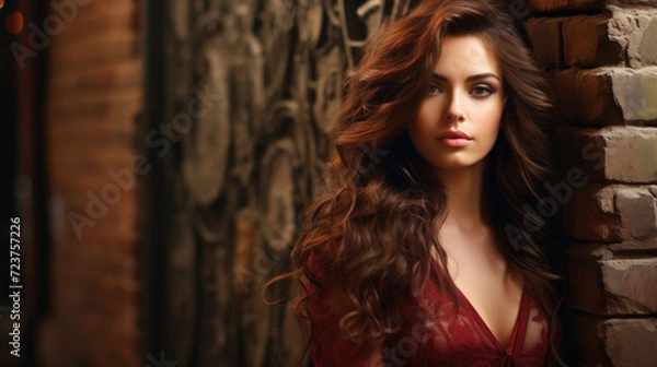 Fototapeta Brunette woman next to brick wall background, grunge texture or pattern for design. Generative ai