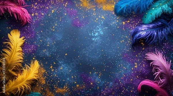 Fototapeta Mardi Gras Masquerade Banner with with glitter, feather, and copy space. Carnival Invitation in purple, green, and yellow colors. Wide format background. AI Generative