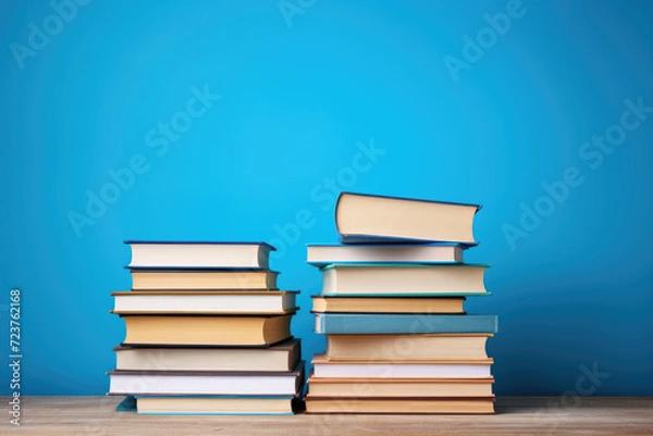 Fototapeta Colorful books and notebooks in front of blue background , back to school. Generative ai