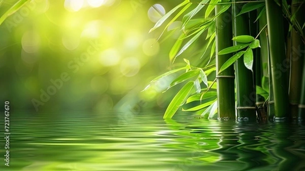 Fototapeta Bamboo background - lush foliage with reflection on the water. Close-up. Serene beauty reflected in nature's mirror.