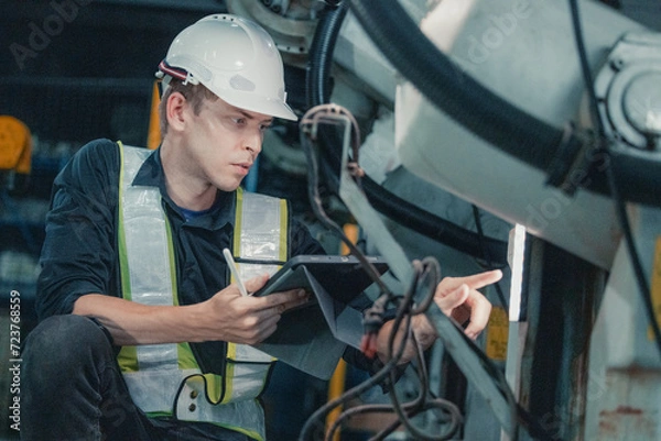 Obraz Robotic Technician Conducting Maintenance in Factory.