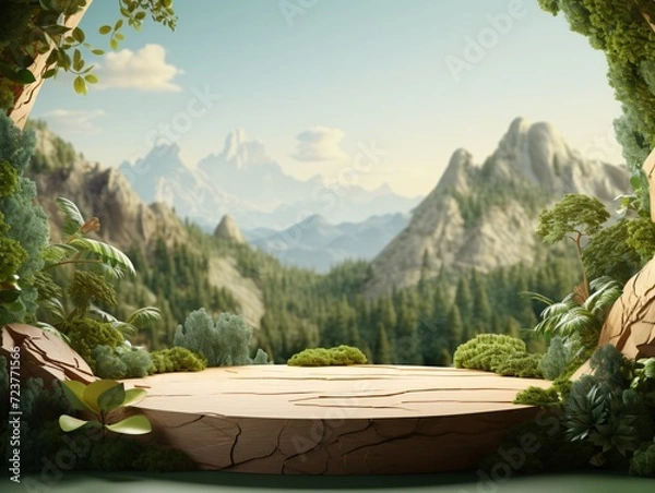 Obraz Natural podium product display with leaves tropical forest background
