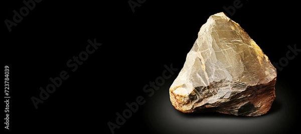 Fototapeta Yoshiokaite is a rare precious natural stone on a black background. AI generated. Header banner mockup with space.