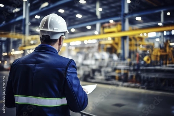 Fototapeta Portrait of a focused Industrial Engineer engrossed in his work amidst the hum of machinery and blueprints