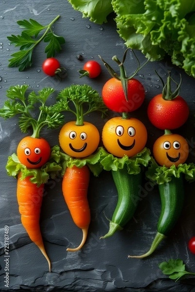 Fototapeta Vegetables with smiling faces arranged in a row.