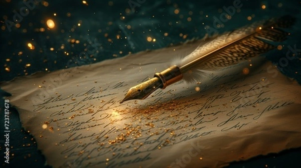 Fototapeta A golden quill pen on old paper, aglow with warm sparks.