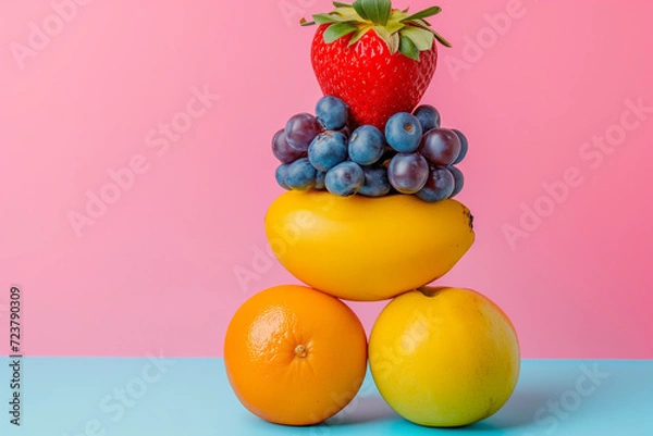 Fototapeta An artful arrangement of fresh and colorful fruits skillfully stacked one on top of the other, portraying a vibrant display of balanced and nutritious delights.