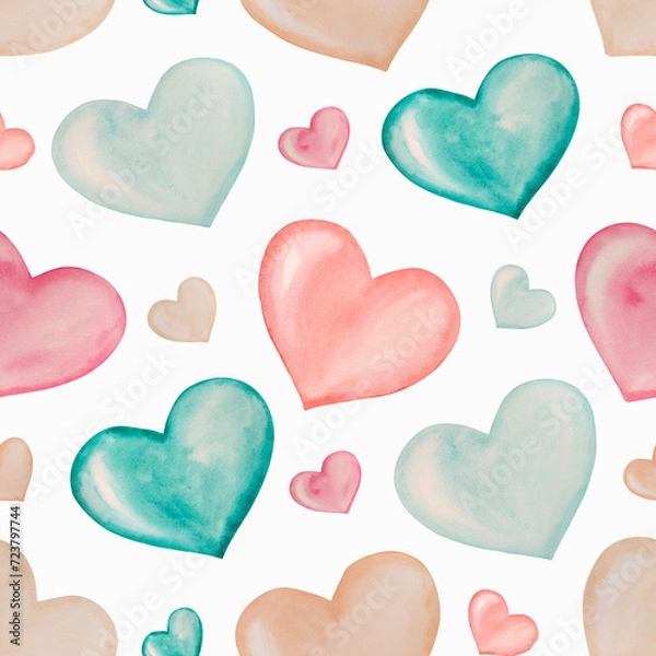 Fototapeta Watercolor seamless pattern different hearts, Valentine's day, love, hand painted on paper, white background, for design, packaging, invitation, backgrounds, postcards, wrapping paper, scrapbooking