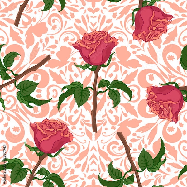 Fototapeta Seamless Pattern, Roses Flowers and Leaves on Floral Background. Vector