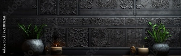 Fototapeta Beautiful dark abstract wall background made of geometric shapes and ornaments for interior decoration.