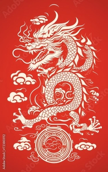 Fototapeta Vector Illustration year of the dragon design Chinese New year red background design for Chinese lantern, cloud, pattern. Elegant oriental illustration for cover, banner, website, calendar.