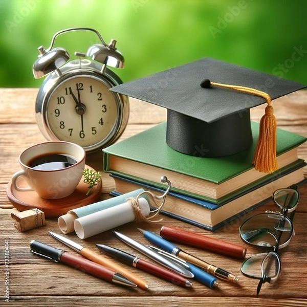 Fototapeta Graduate cap and stationery set on wood against green
