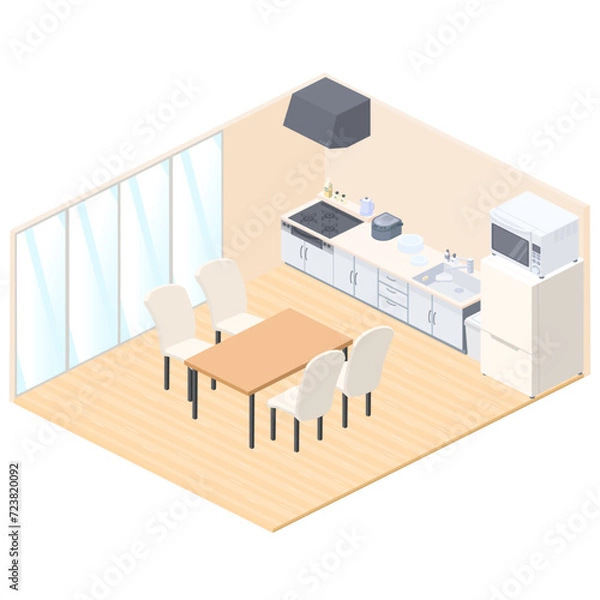 Obraz アイソメトリックで描いたダイニング・キッチンのイラスト