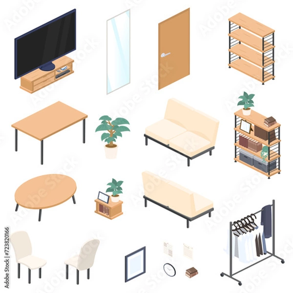 Obraz アイソメトリックで描いた家具のイラストセット