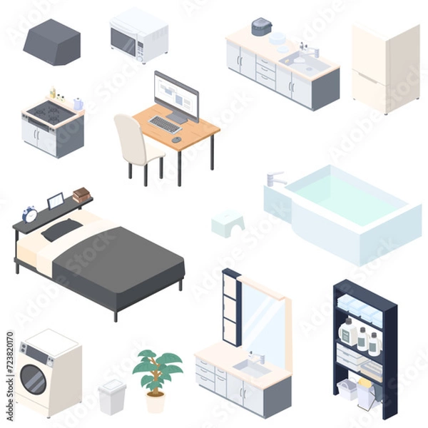 Fototapeta アイソメトリックで描いた家具や家電のイラストセット