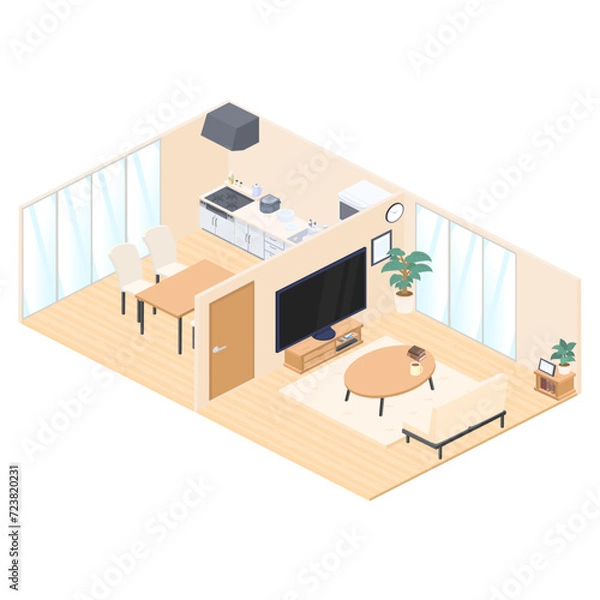 Obraz アイソメトリックで描いたダイニング・キッチン・リビングのイラスト