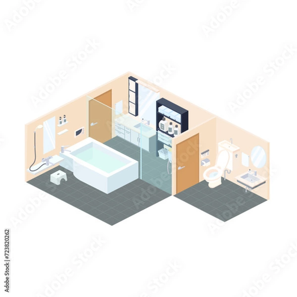 Fototapeta アイソメトリックで描いた洗面所、バスルーム、トイレのイラスト