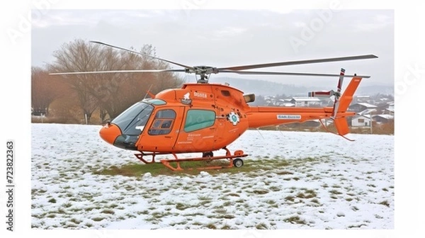 Fototapeta Rescue helicopter in action with urgency and heroism in snowy mountains on a bright day