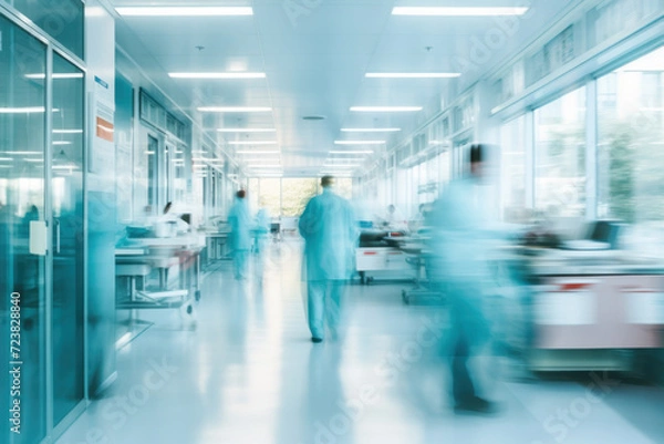 Fototapeta Health. abstract motion blur image of medical personnel working in emergency room at hospital office building in city downtown, blurred background, business center, medical technology concept