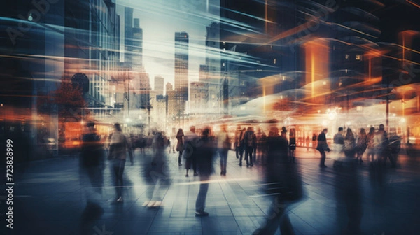 Fototapeta abstract motion blur image of business people crowd walking at corporate office in city downtown, business marketing, blurred background, business finance center concept