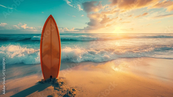 Obraz A surfboard stands on the beach.