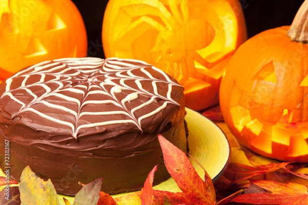 Obraz spiders web chocolate cake and pumpkins