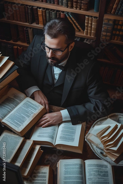 Fototapeta An attorney immersed in legal research, surrounded by open books, legal statutes, and a computer, illustrating the meticulous process of preparing a case.