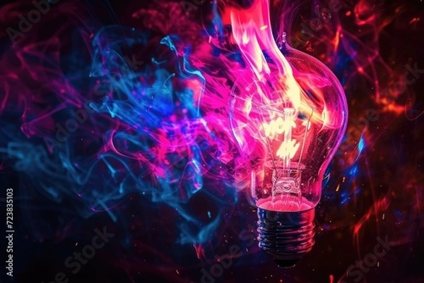 Fototapeta Creative light bulb explodes with colorful paint and colors. New idea, brainstorming concept AI generated