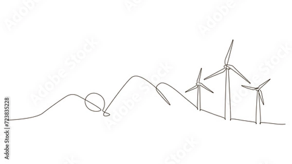 Fototapeta Hilly landscape with wind farm turbines energy continuous one line icon drawing. Renewable source green energy concept vector illustration. Contour one line sign for innovation, environment design