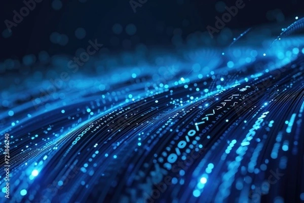 Fototapeta Blue digital binary data on computer screen background, Ai generated