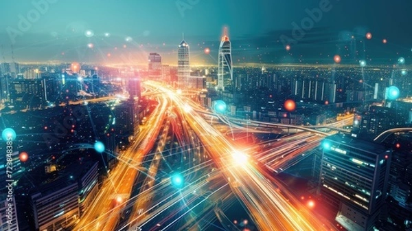Fototapeta 5G wireless network, high speed internet, cloud computing or connect diagram technology, Data storage, service, synchronize, online, financial, Connectivity global, smart city, Gen by AI
