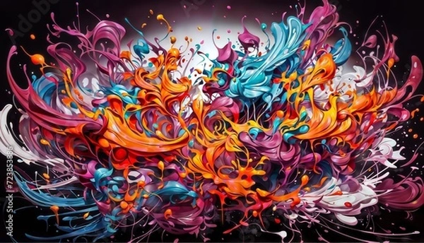 Fototapeta Colorful explosion of paint forms an elephant head against a black background.
