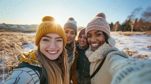 Obraz Friends Taking Winter Selfie with Golden Hour Glow