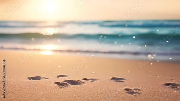 Obraz Sandy beach with light blue transparent water waves and sunlight, tranquil aerial beach scene