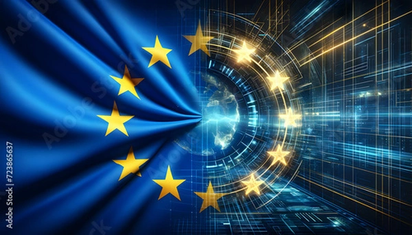 Fototapeta Digitalization in Europe. EU flag goes over into digital data lines and points.