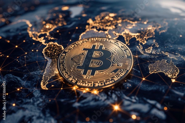 Fototapeta Global Cryptocurrency Network: Illuminated Bitcoin Connections Across Digital Earth