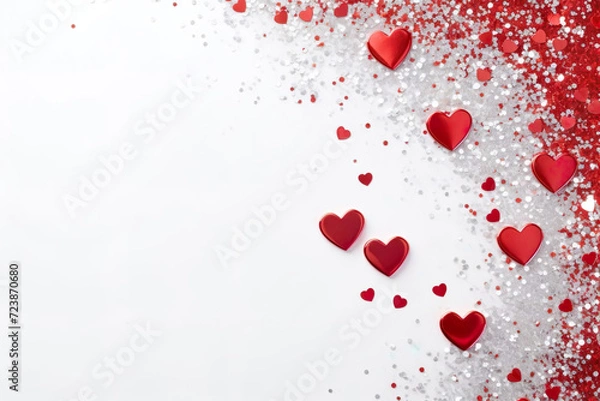Fototapeta Valentine's Day. Red and silver glitter hearts on white background. Space for text.