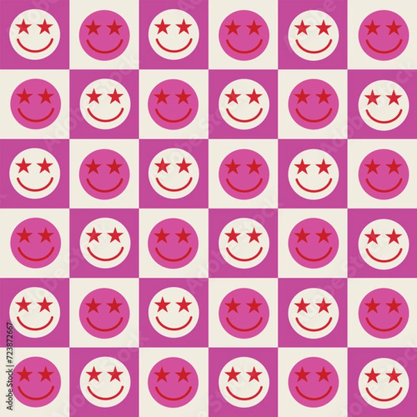Fototapeta Checkered smiley faces with stars in their eyes seamless pattern on white and pink checkerboards. For wrapping paper, stationary and fabric