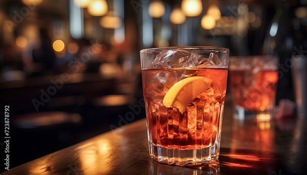 Fototapeta cocktail with ice. glass of whiskey on counter. rum and cola closeup in a moody bar. alcoholic beverage still in a bar with moody lightning. drink in glass with lemon. alcohol in glass. bar 